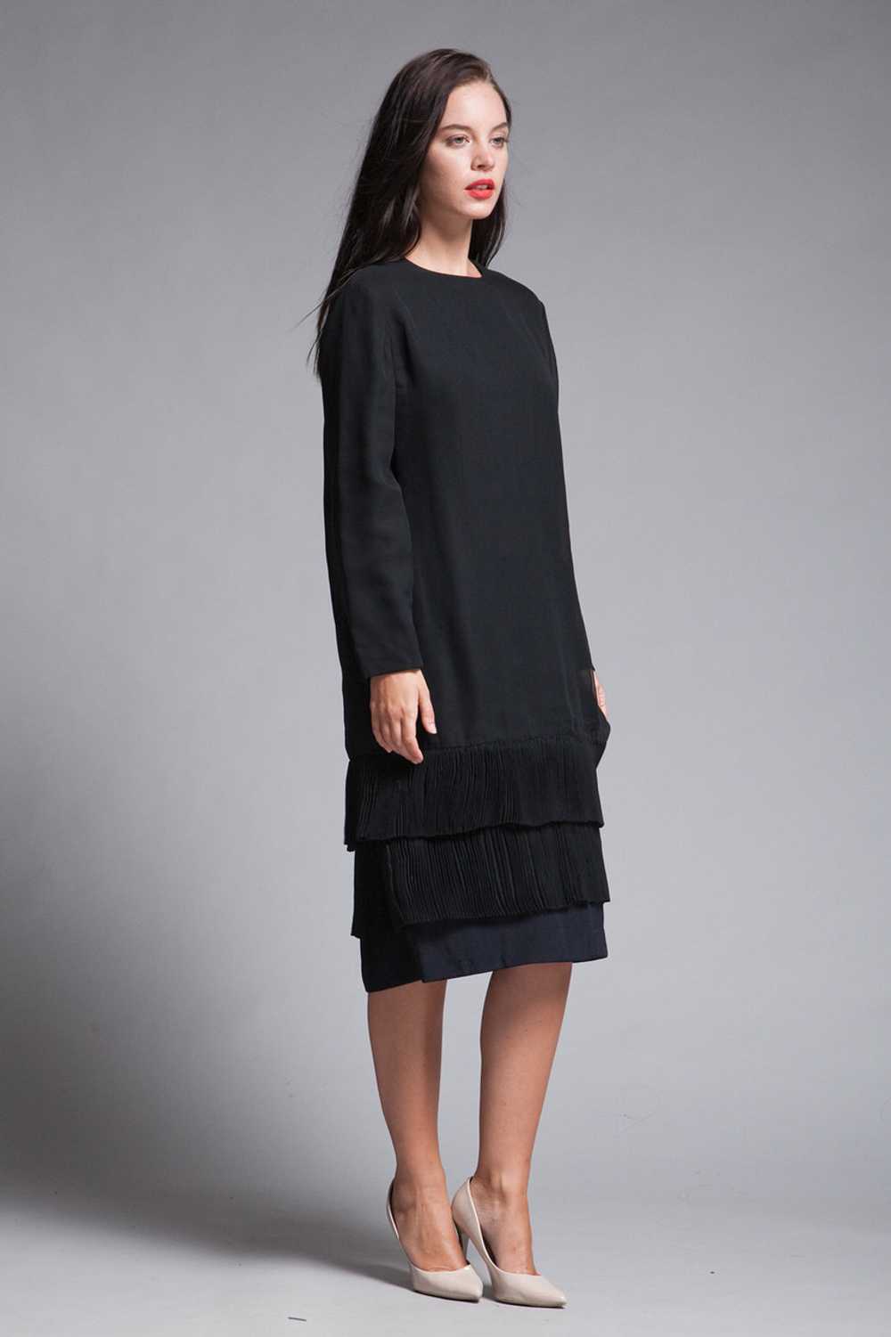 black pleated dress long sleeves sheer flowy vint… - image 6