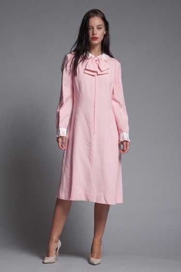 pink linen bow dress Peter Pan collar petal appli… - image 1