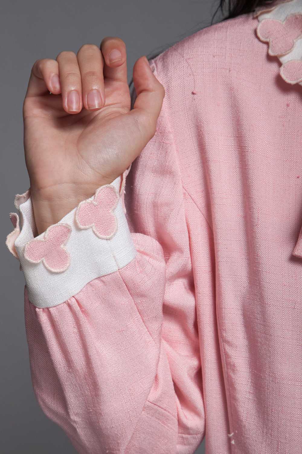 pink linen bow dress Peter Pan collar petal appli… - image 9