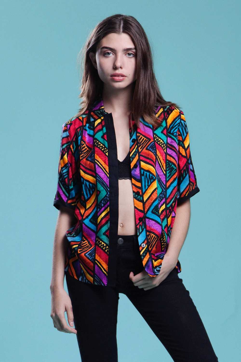 silk blouse top abstract stripe print short sleev… - image 1