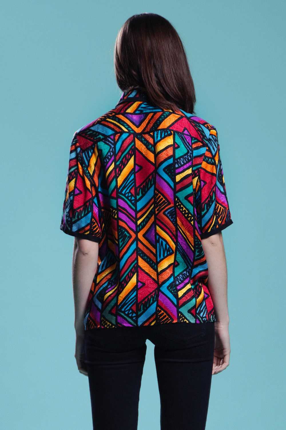 silk blouse top abstract stripe print short sleev… - image 7