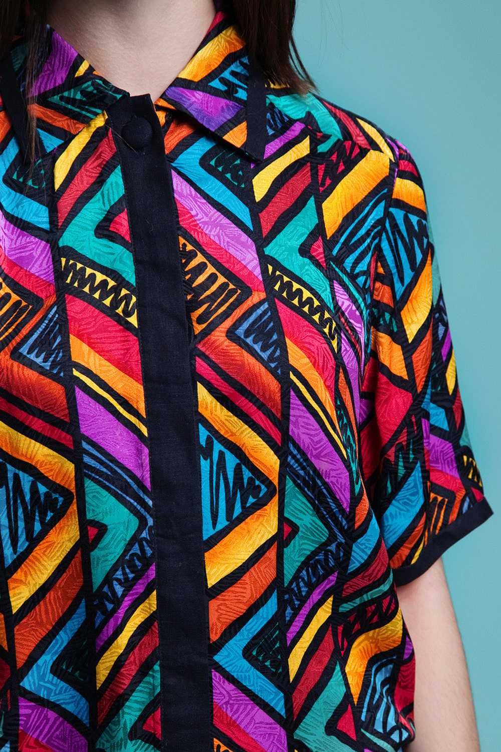 silk blouse top abstract stripe print short sleev… - image 8