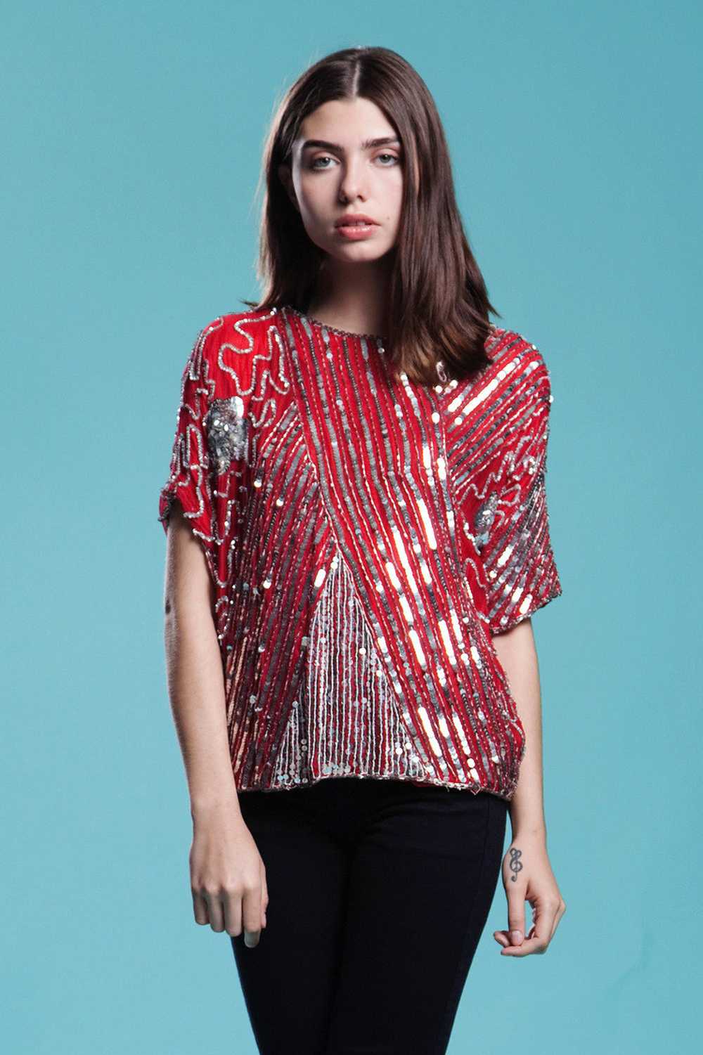 red sequined top, red beaded top, beaded silk top… - image 2