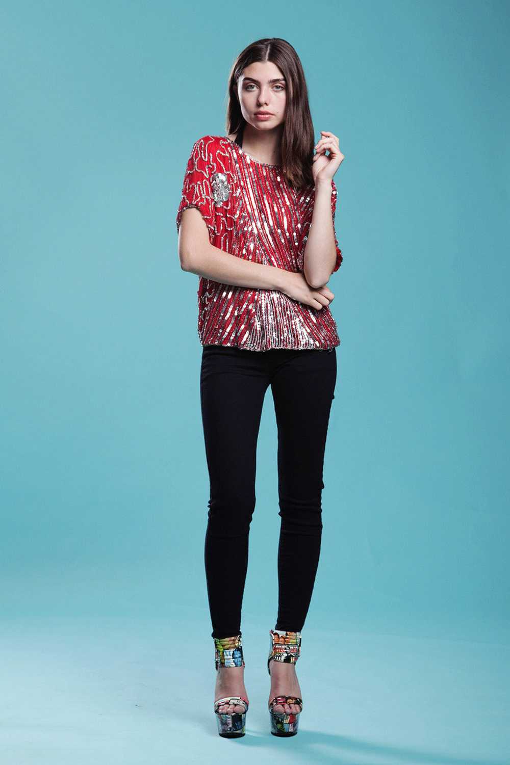 red sequined top, red beaded top, beaded silk top… - image 3