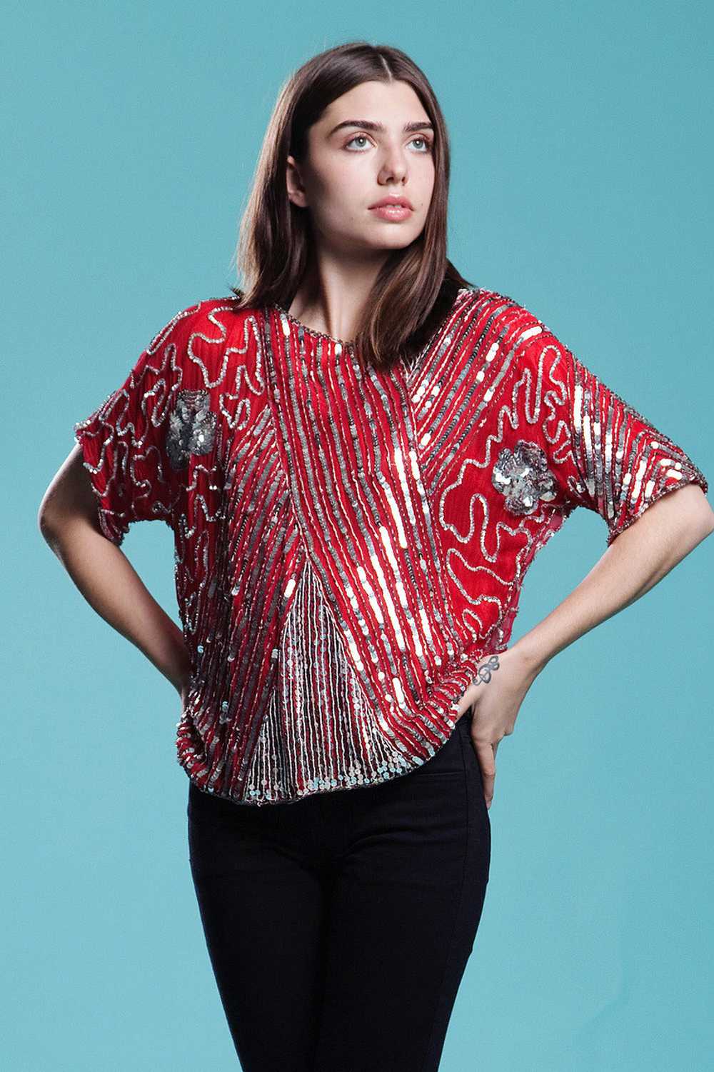 red sequined top, red beaded top, beaded silk top… - image 4