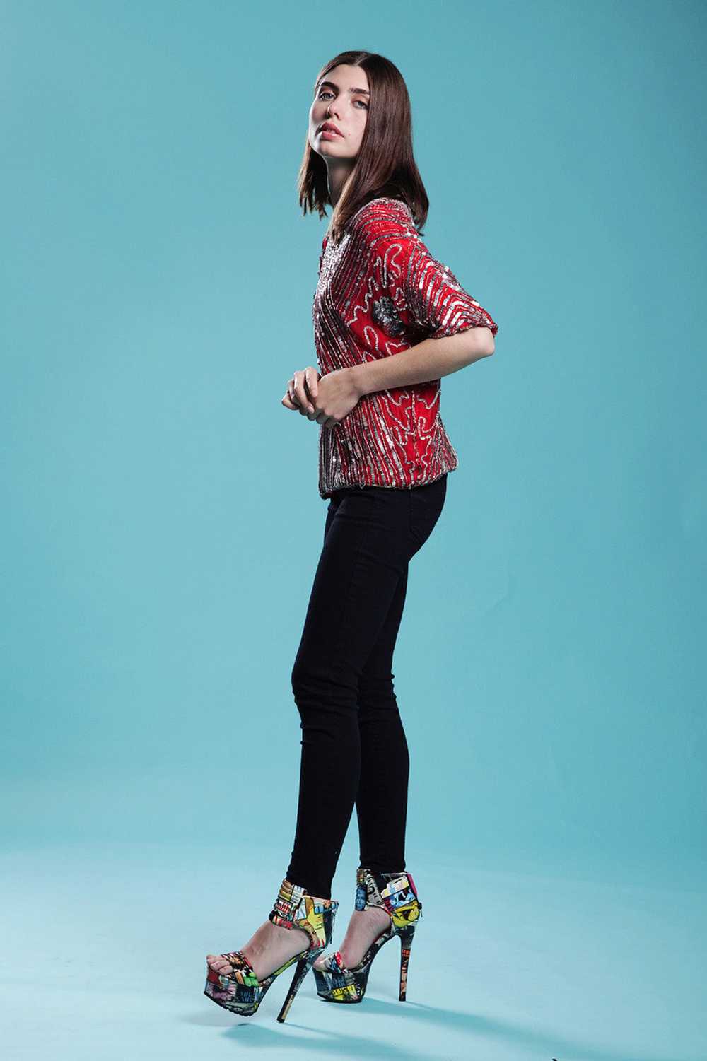 red sequined top, red beaded top, beaded silk top… - image 5