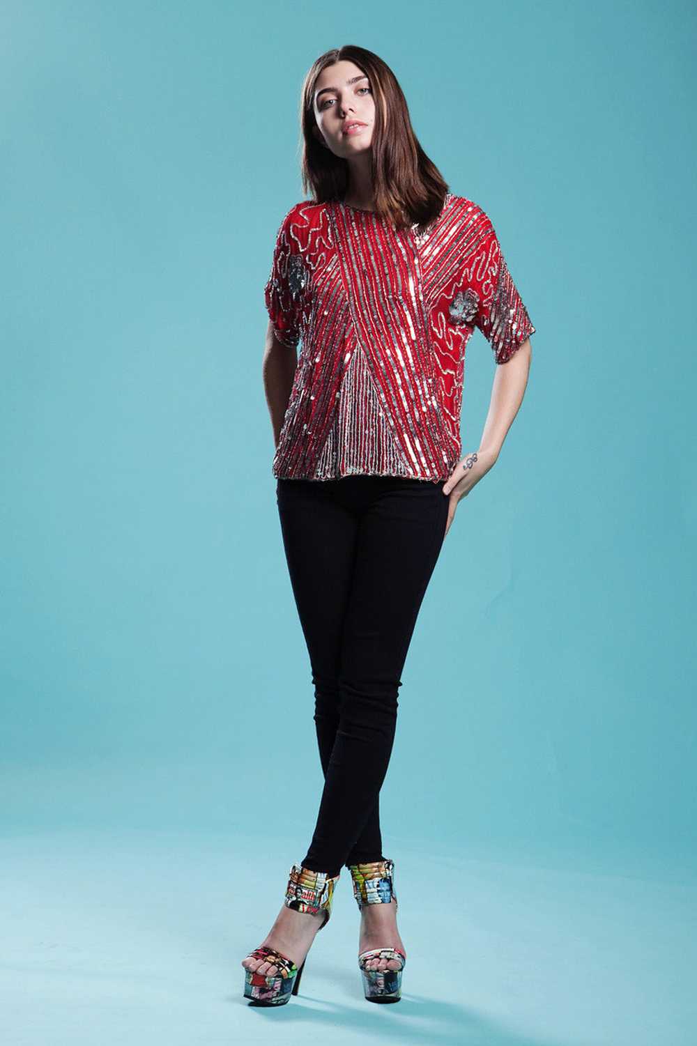 red sequined top, red beaded top, beaded silk top… - image 6
