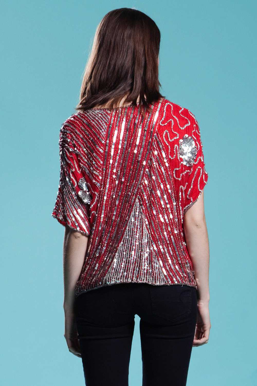 red sequined top, red beaded top, beaded silk top… - image 7