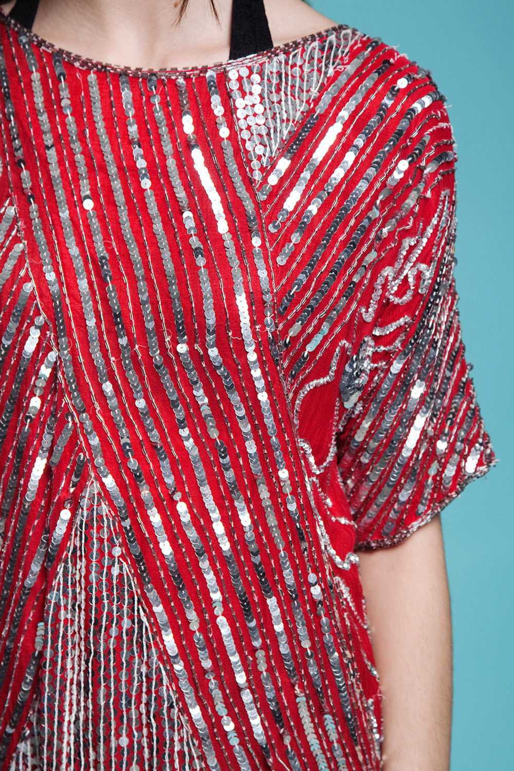 red sequined top, red beaded top, beaded silk top… - image 8