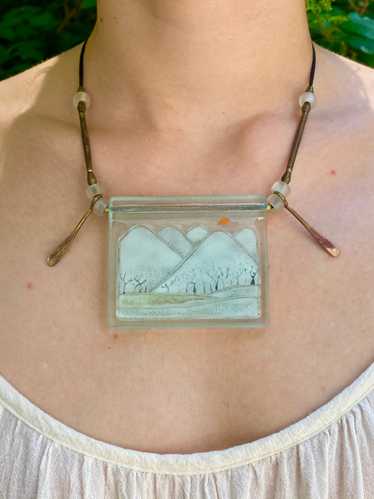 Vintage Higgins Landscape Fused Glass Necklace - image 1