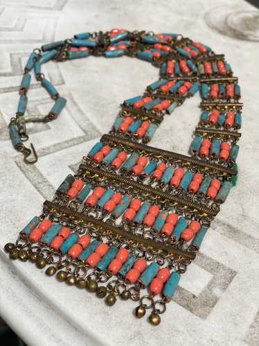Vintage Egyptian Revival Coral and Faience Bead Ne