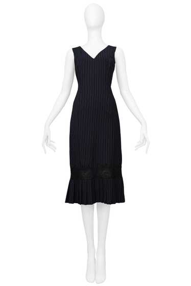 JOHN GALLIANO NAVY PINSTRIPE DRESS WITH LACE INSET - image 1