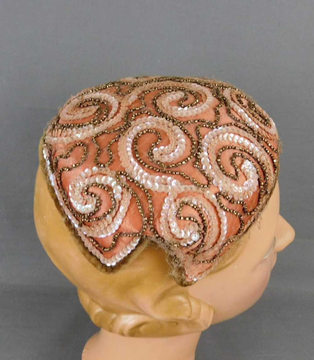Vintage Beaded and Sequin Brown Satin Evening Hat… - image 8