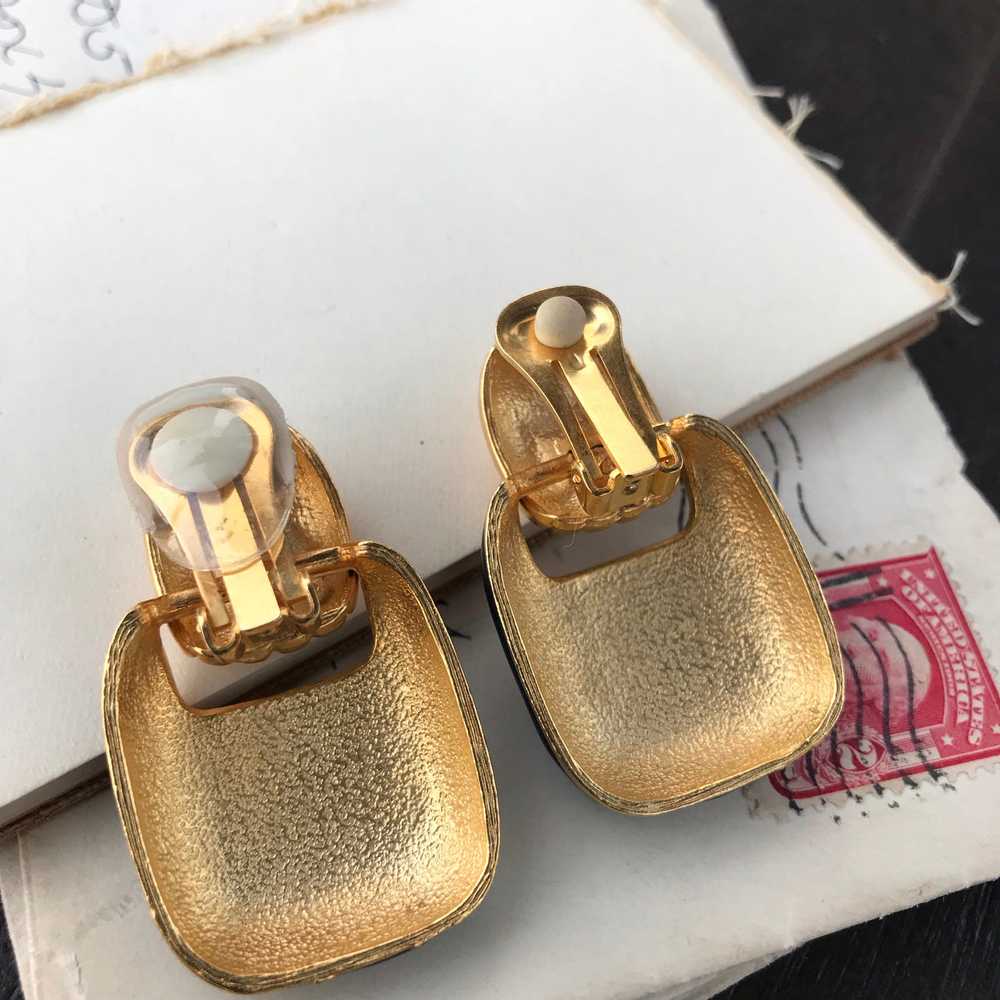 Navy and Gold Doorknocker Dangle Clip Earrings - image 2
