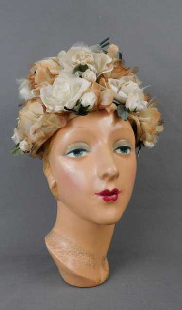 Vintage Ivory and Beige Floral Hat 1960s, Modern M