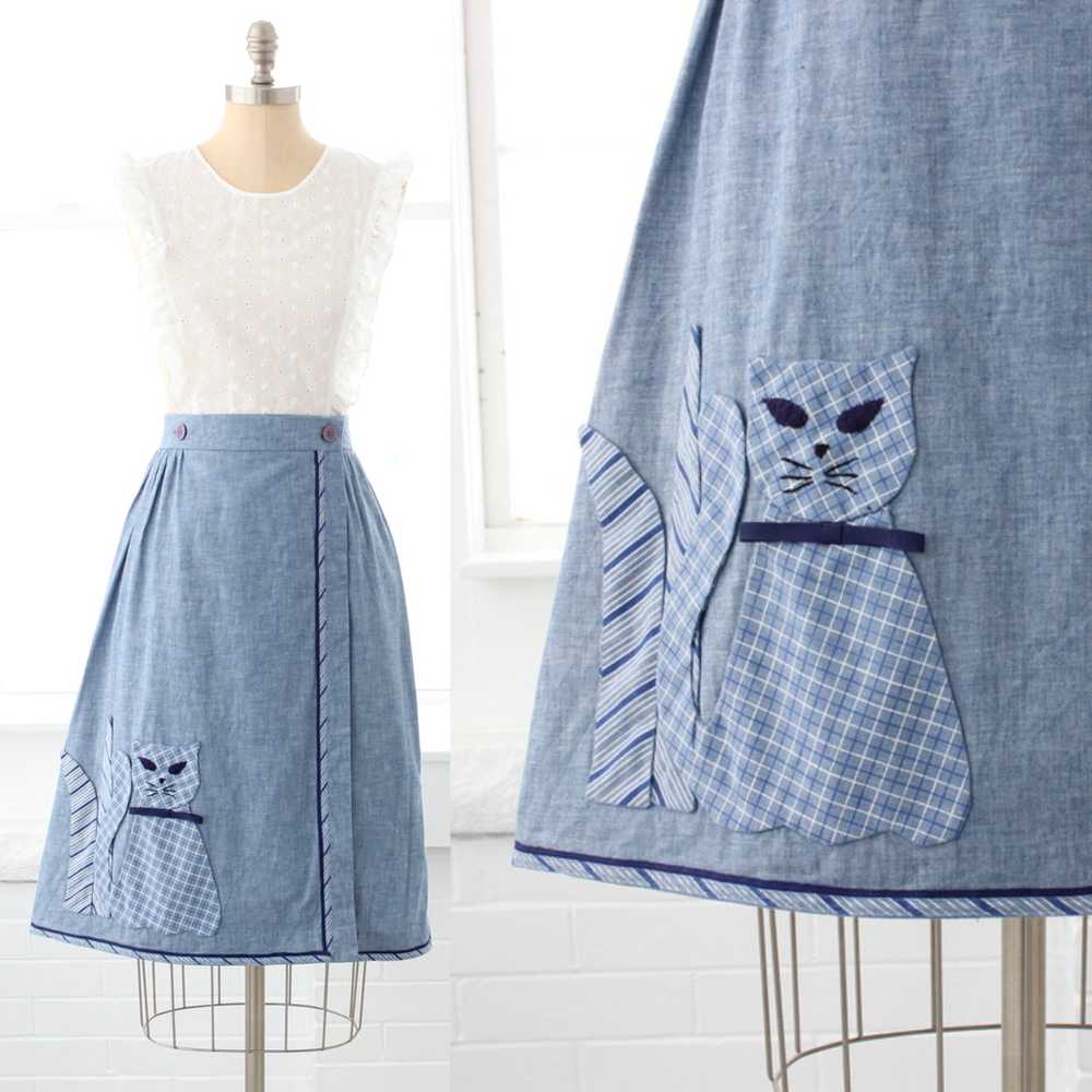 70s Chambray Cat Wrap Skirt - image 1