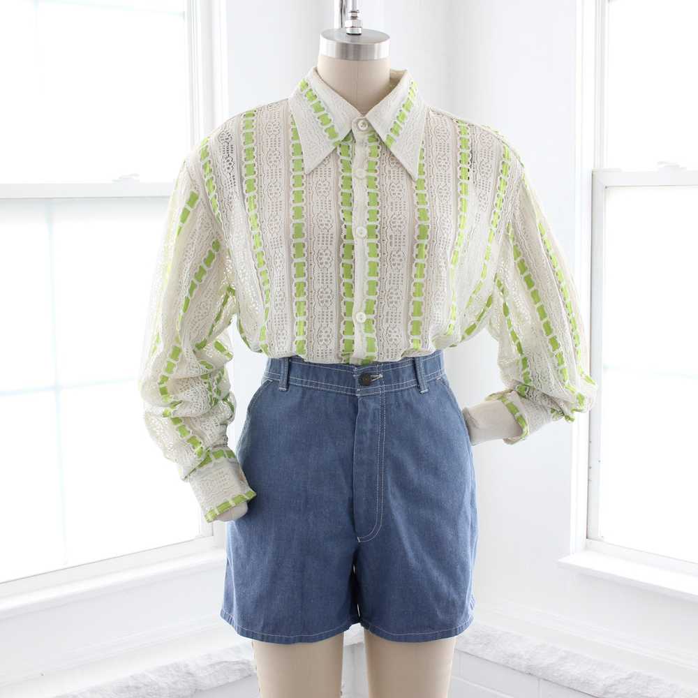 70s Sheer Lace Button Down Shirt Lime - image 1