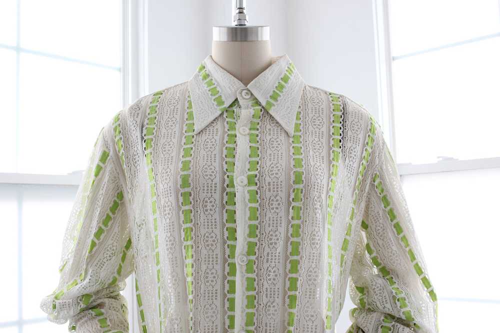 70s Sheer Lace Button Down Shirt Lime - image 2