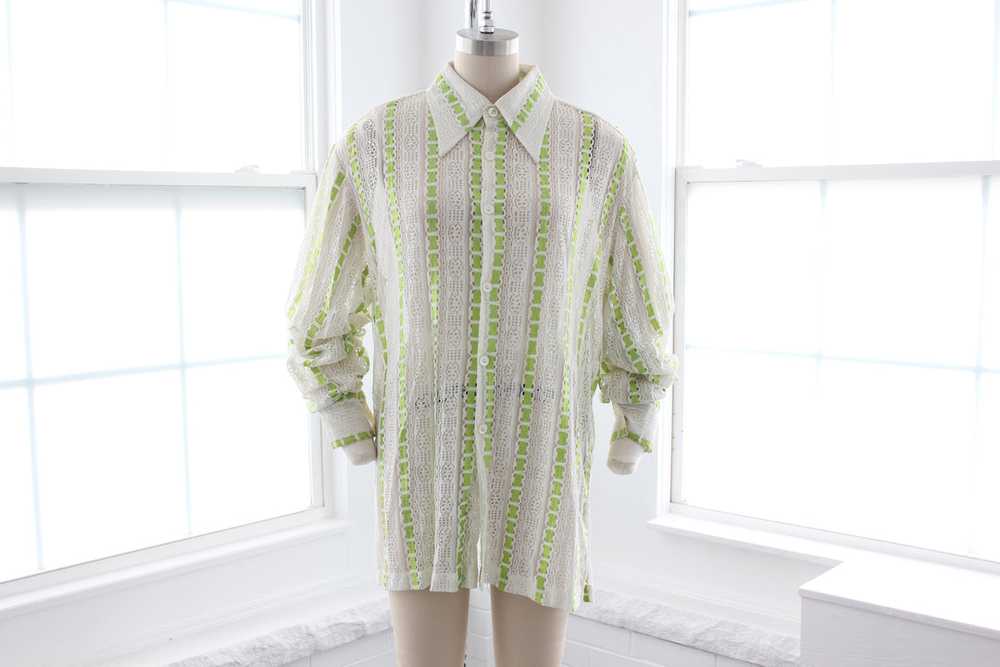 70s Sheer Lace Button Down Shirt Lime - image 3