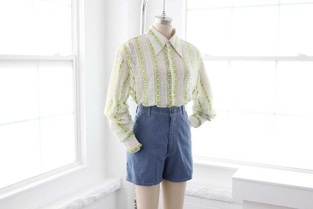 70s Sheer Lace Button Down Shirt Lime - image 5