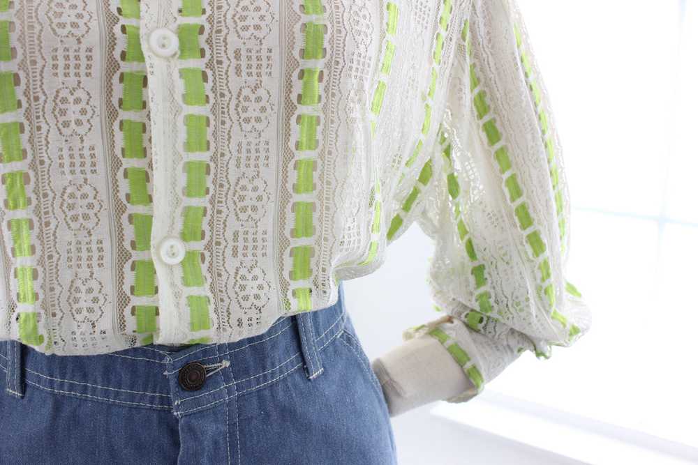 70s Sheer Lace Button Down Shirt Lime - image 7