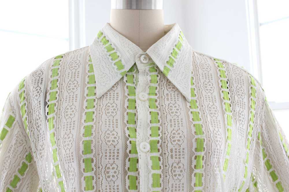 70s Sheer Lace Button Down Shirt Lime - image 8