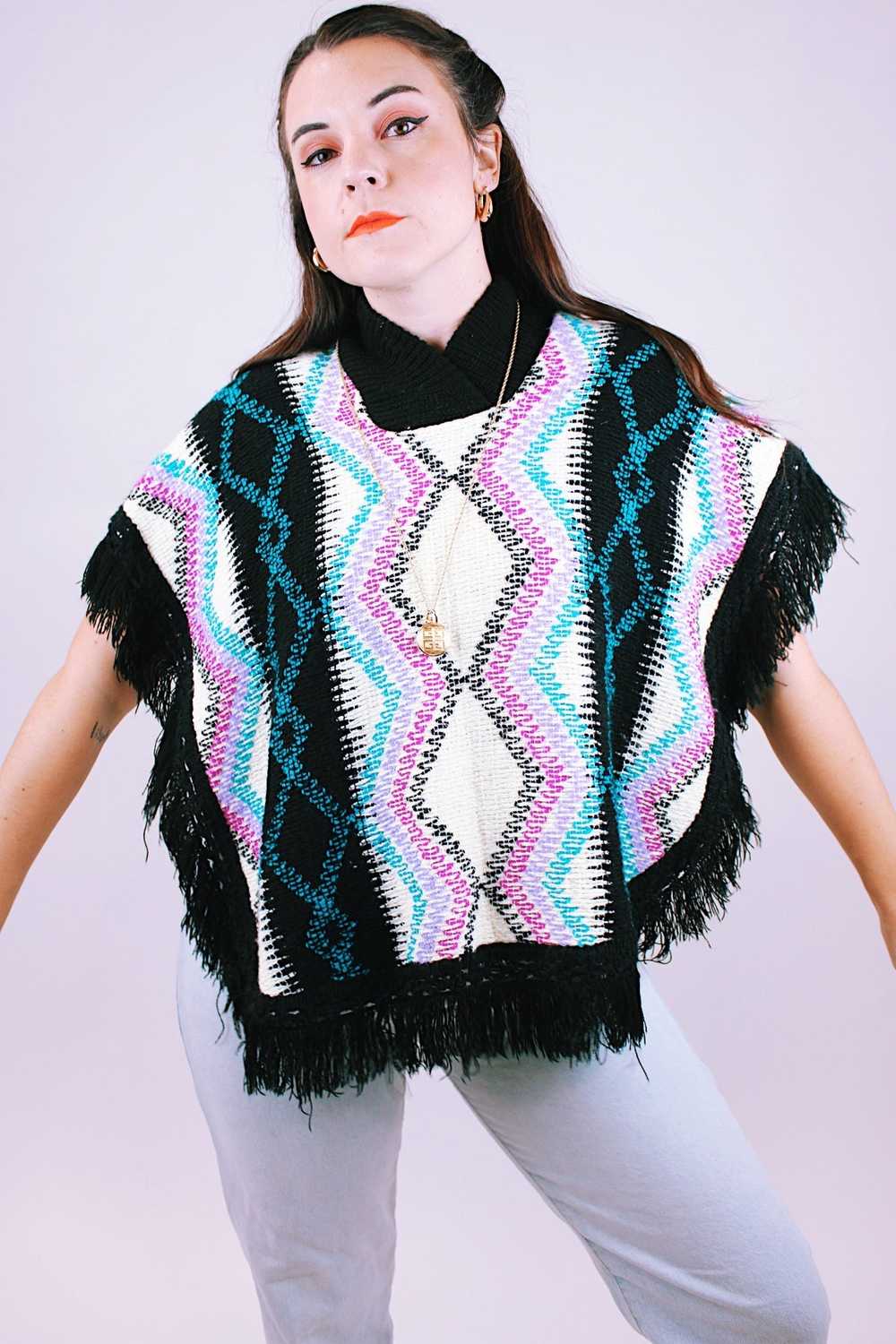 Fringed Knit Poncho - image 3