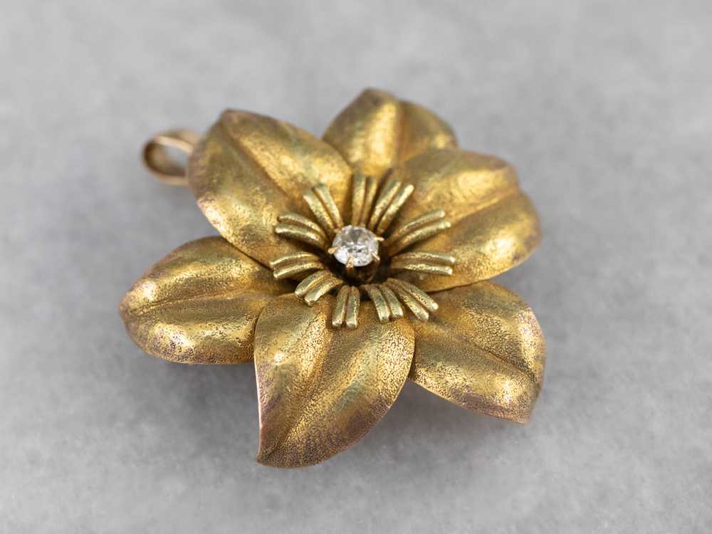 Antique Diamond Gold Flower Brooch Pendant - image 1