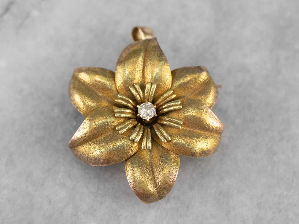 Antique Diamond Gold Flower Brooch Pendant - image 2