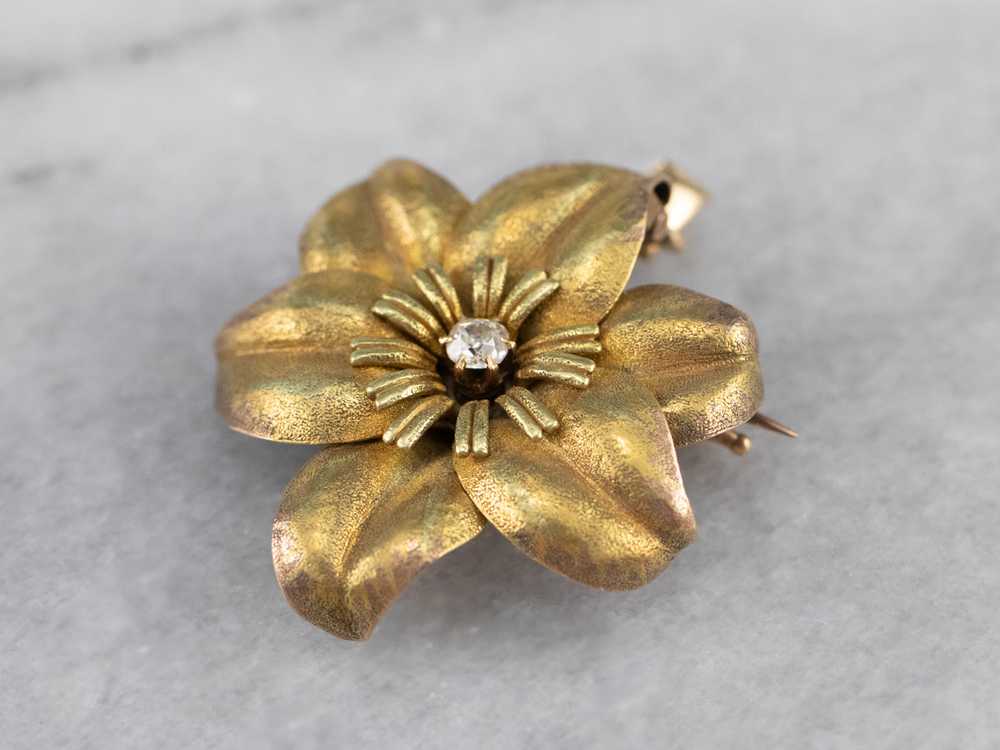 Antique Diamond Gold Flower Brooch Pendant - image 3