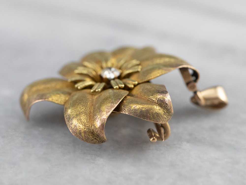 Antique Diamond Gold Flower Brooch Pendant - image 4