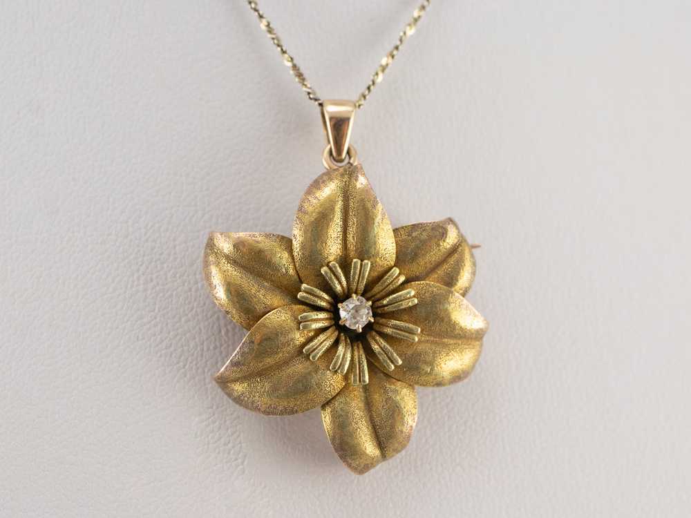 Antique Diamond Gold Flower Brooch Pendant - image 8