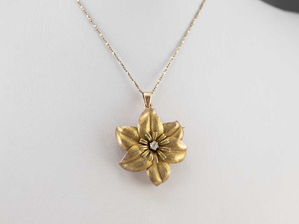 Antique Diamond Gold Flower Brooch Pendant - image 9