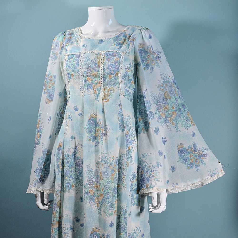 Vintage Angel Sleeve Maxi Dress, Blue Floral 70s … - image 10