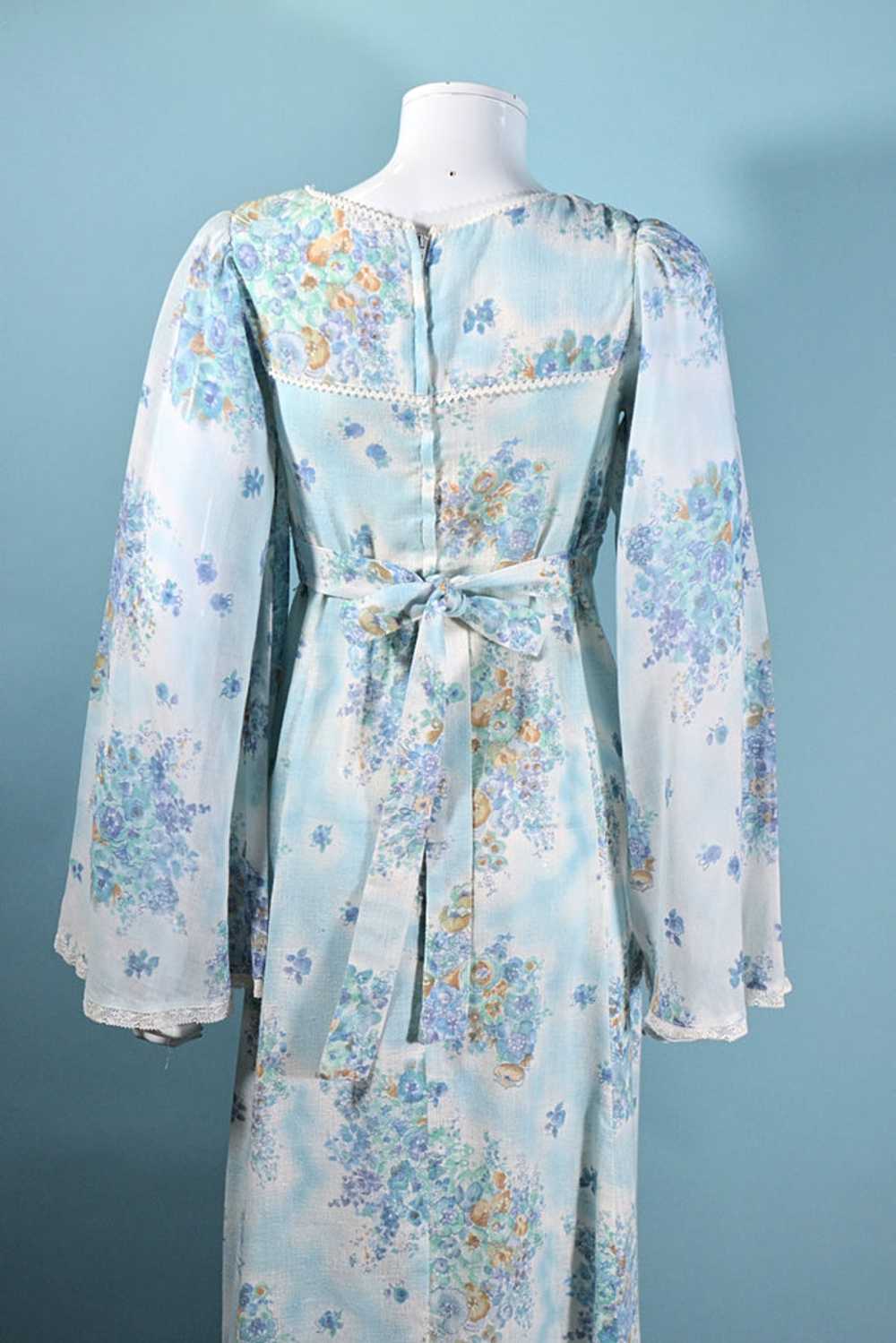 Vintage Angel Sleeve Maxi Dress, Blue Floral 70s … - image 11