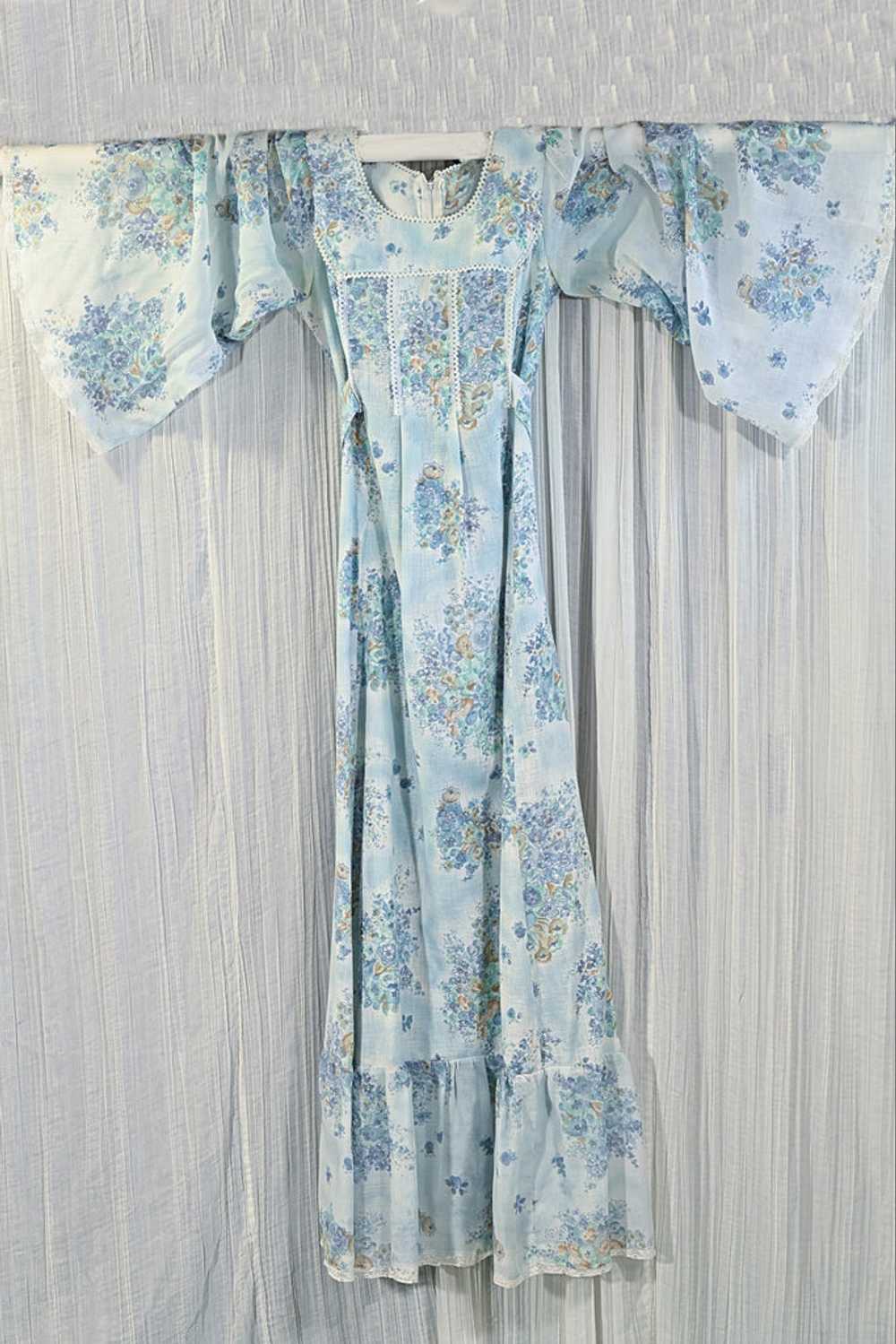 Vintage Angel Sleeve Maxi Dress, Blue Floral 70s … - image 1