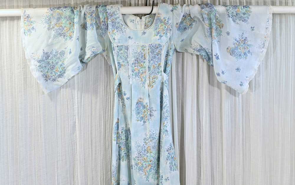 Vintage Angel Sleeve Maxi Dress, Blue Floral 70s … - image 2