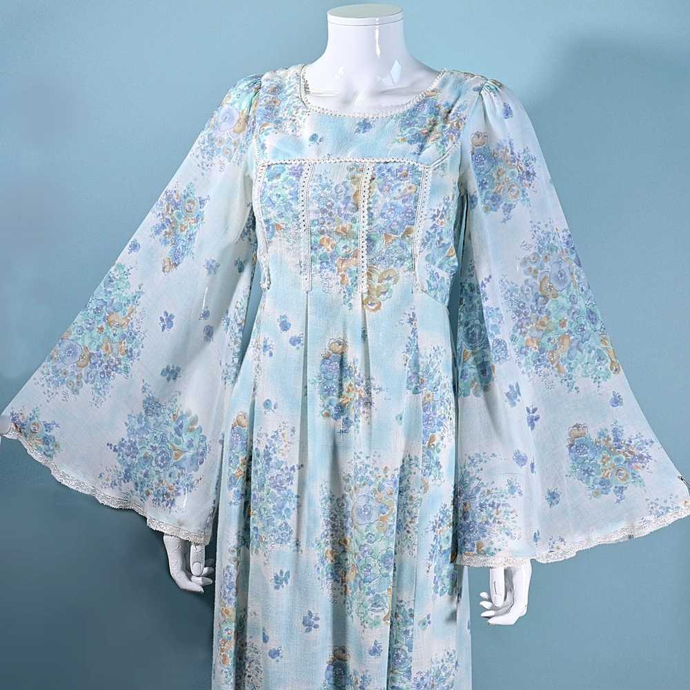 Vintage Angel Sleeve Maxi Dress, Blue Floral 70s … - image 3