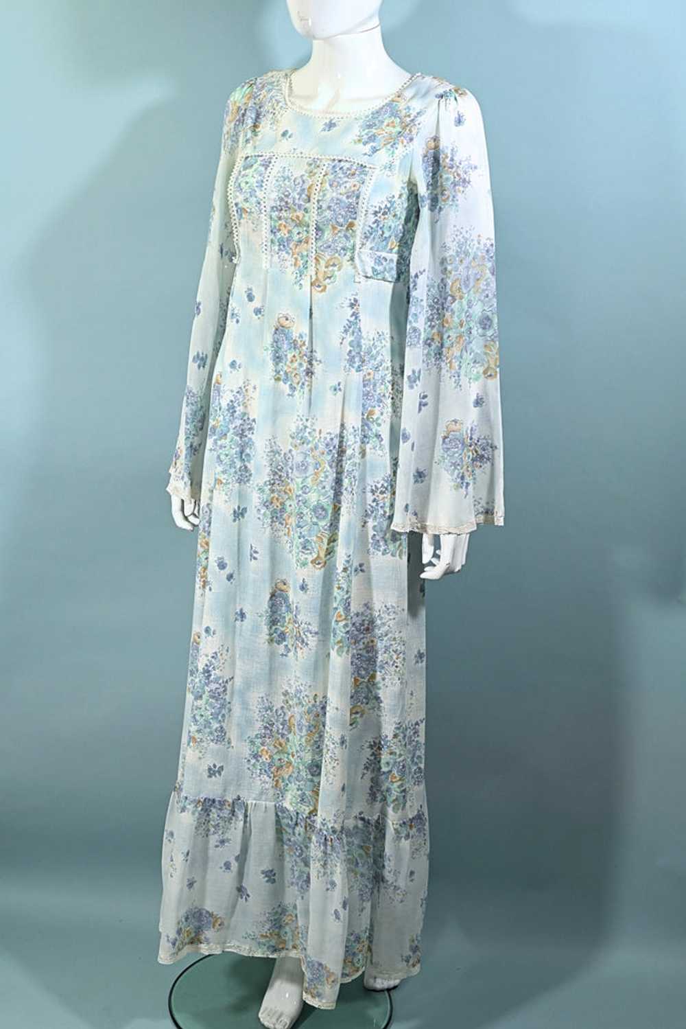 Vintage Angel Sleeve Maxi Dress, Blue Floral 70s … - image 4