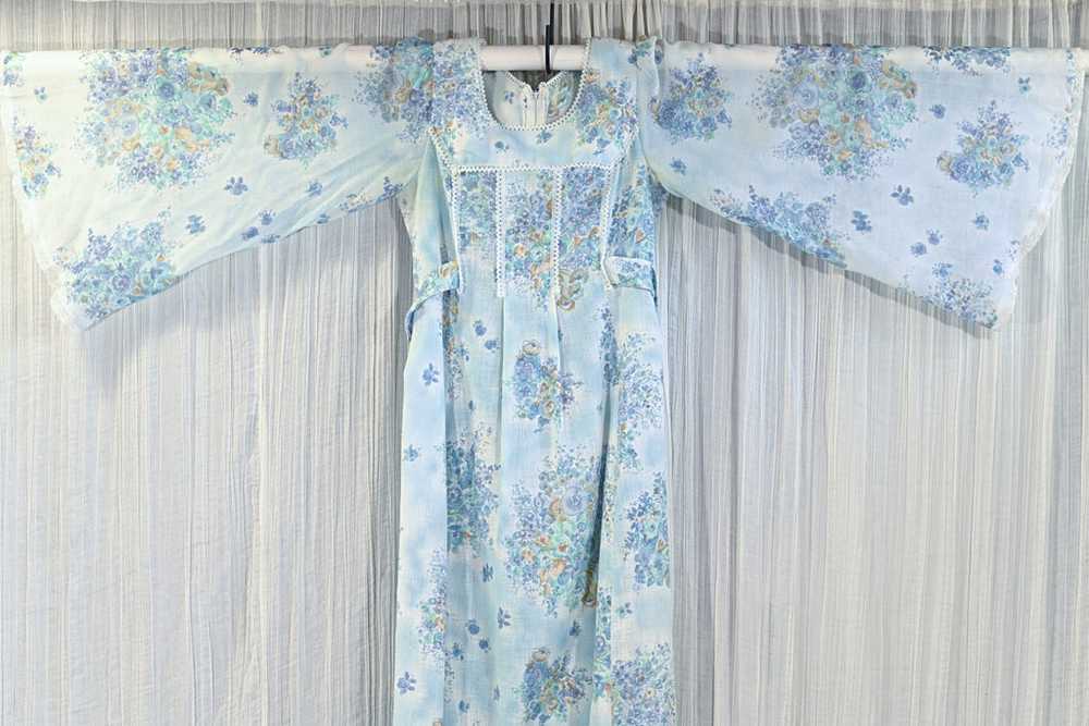 Vintage Angel Sleeve Maxi Dress, Blue Floral 70s … - image 6