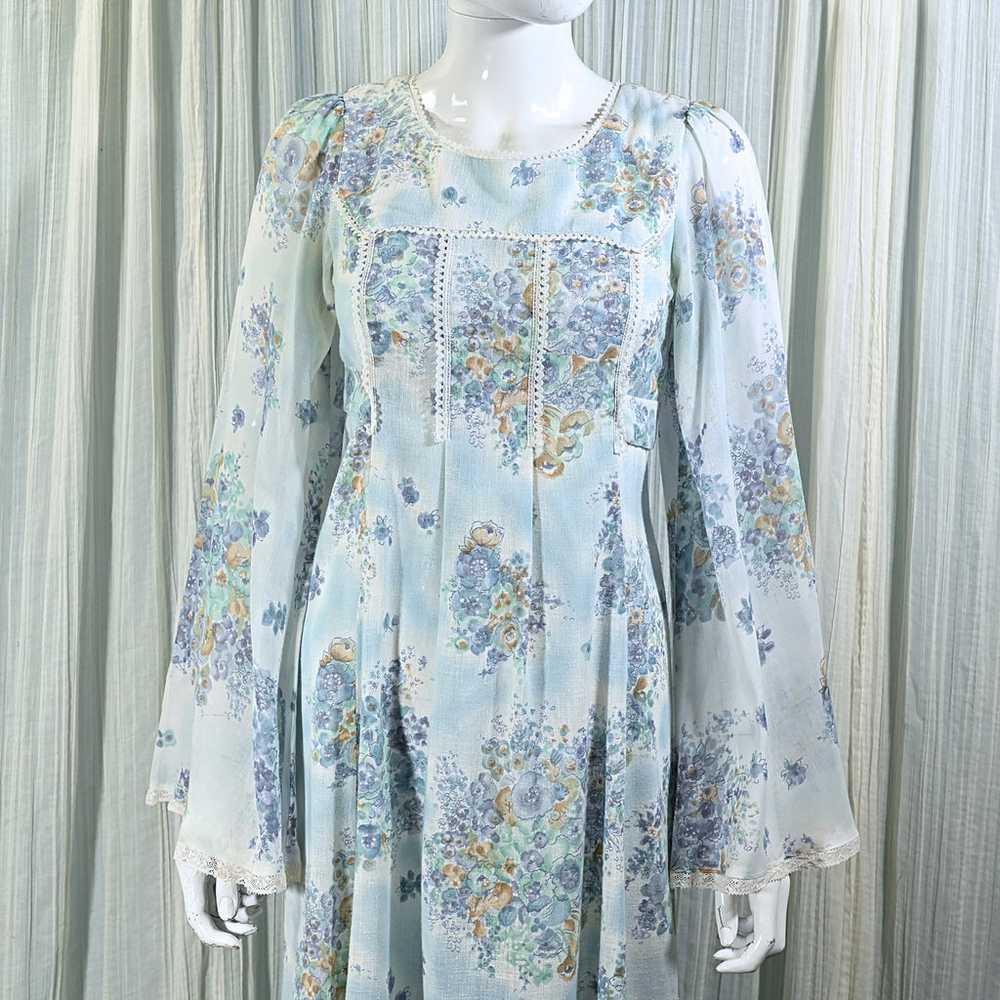 Vintage Angel Sleeve Maxi Dress, Blue Floral 70s … - image 7