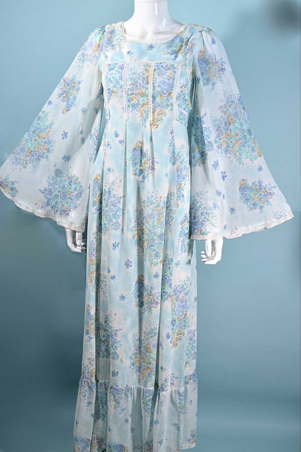 Vintage Angel Sleeve Maxi Dress, Blue Floral 70s … - image 8