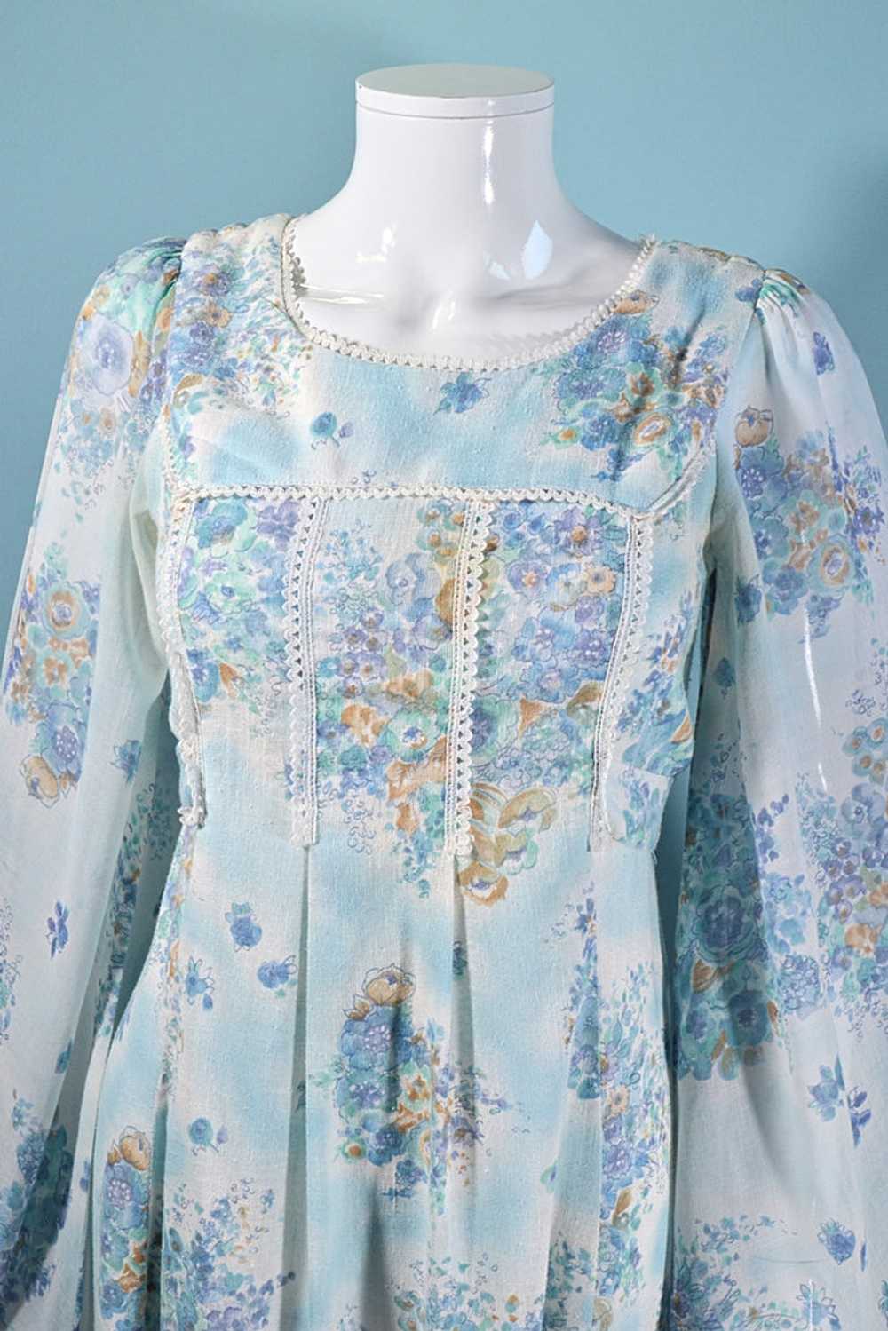 Vintage Angel Sleeve Maxi Dress, Blue Floral 70s … - image 9