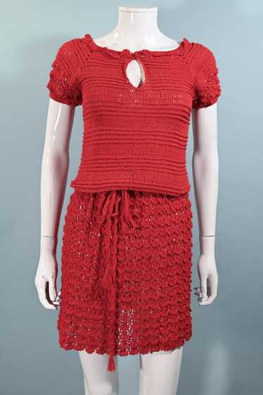 Vintage 1960s Red Crochet Mod Mini Dress S