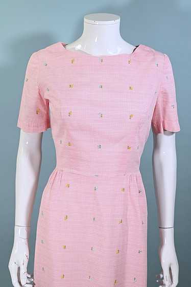 Vintage 60s Pink Plaid Embroidered Cotton Dress, F