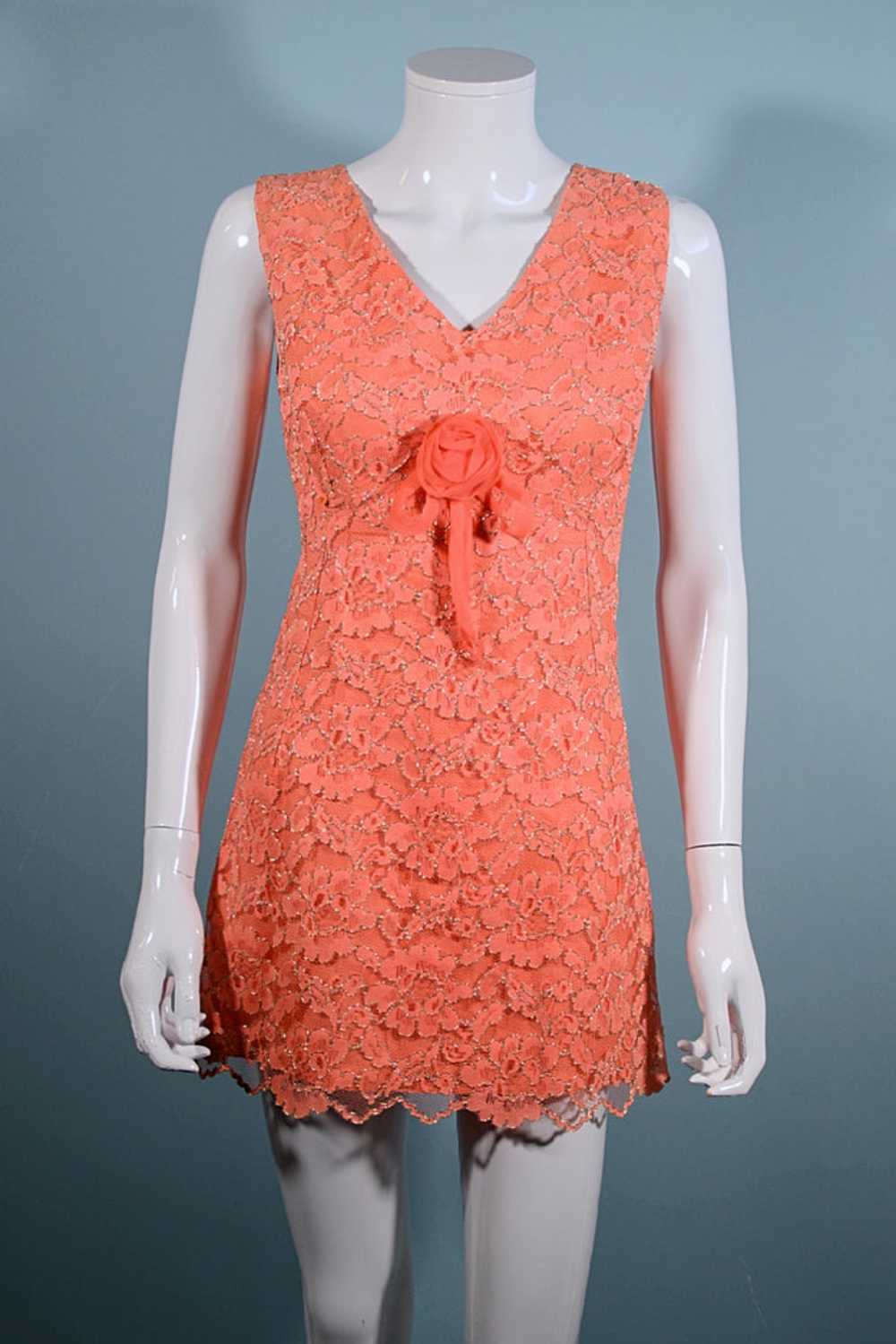Vintage 60s Orange Lace Micro Mini Sleeveless Dre… - image 1