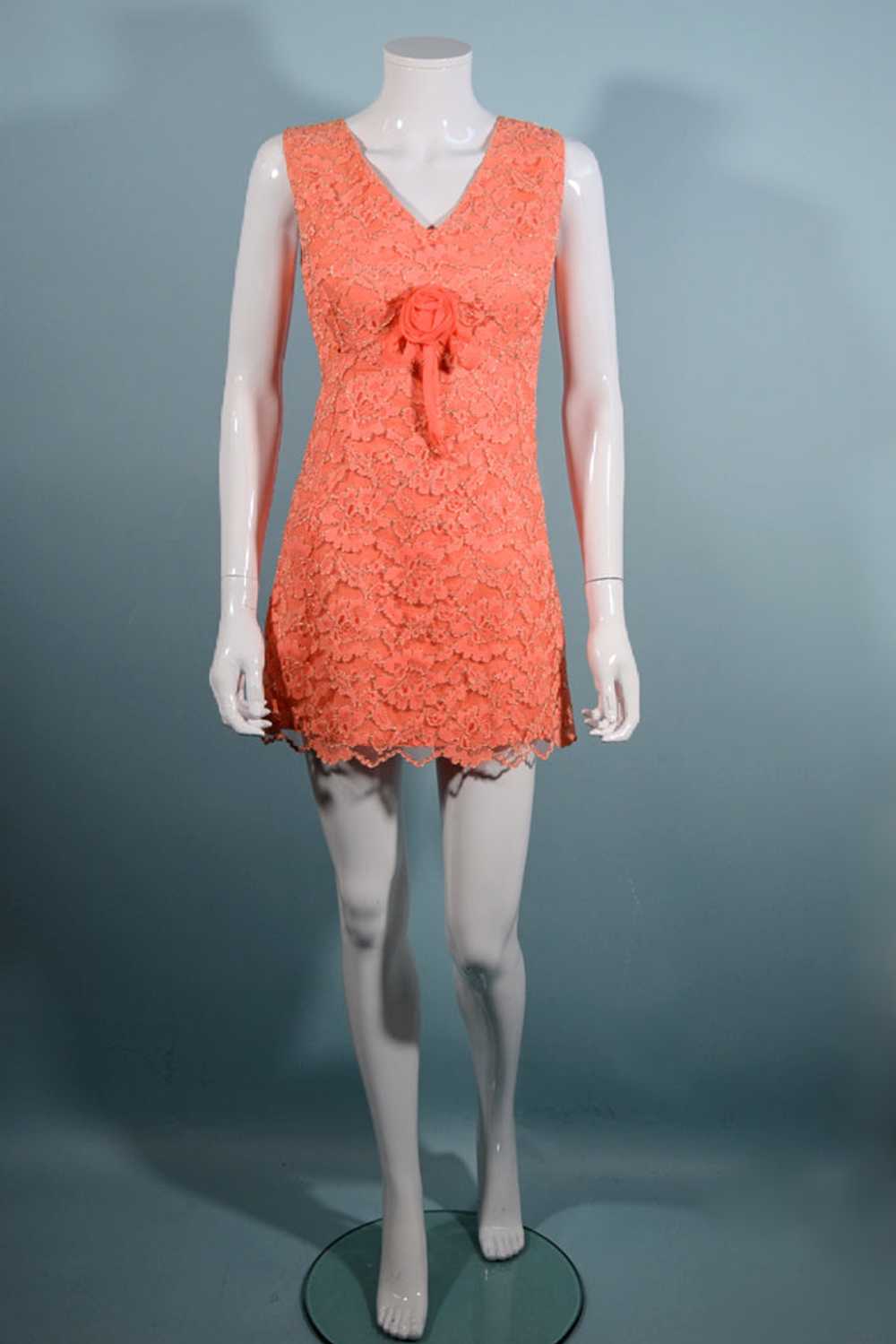 Vintage 60s Orange Lace Micro Mini Sleeveless Dre… - image 3
