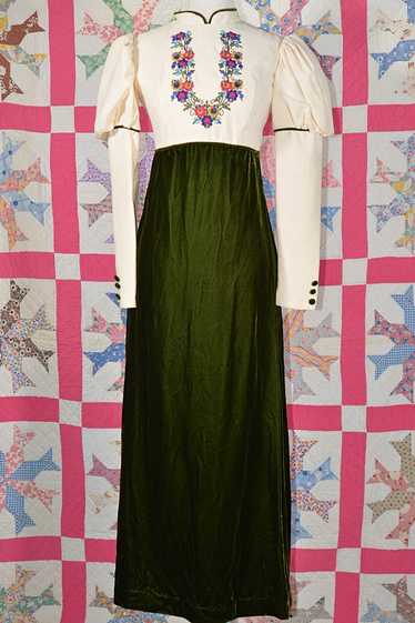 Vintage 60s Embroidered Green Velvet Maxi Dress, L