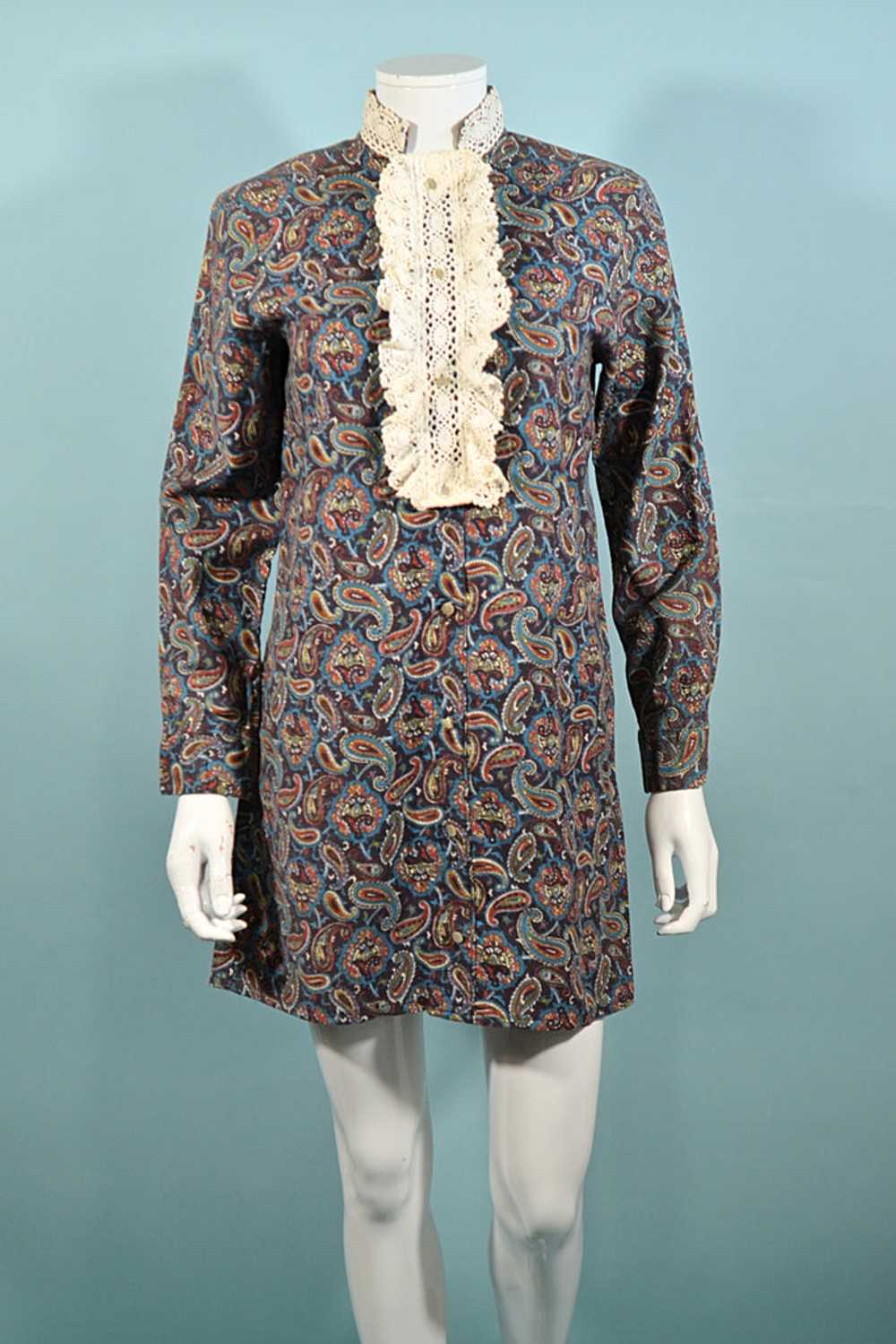 60s Mod Mini Dress, Lace & Paisley Print Dress, C… - image 3