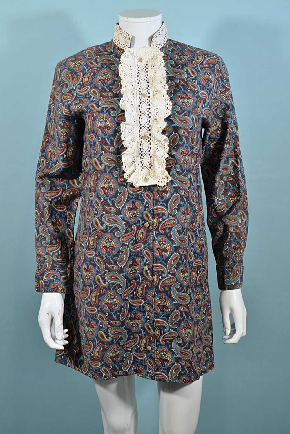 60s Mod Mini Dress, Lace & Paisley Print Dress, C… - image 6